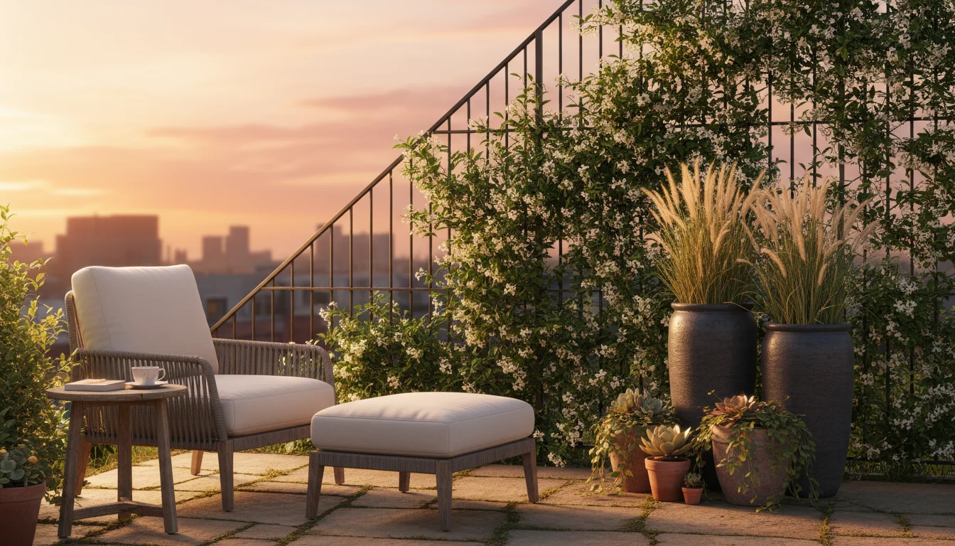 A sun-drenched patio corner showing a trellis covered in jasmine and tall planters separating a seating area from a compact utility zone.