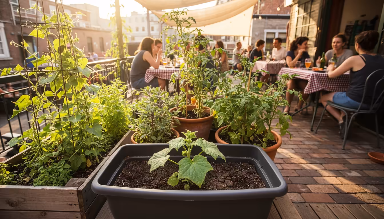 Sun-drenched patio garden: dry soil in a charcoal-grey pot with a cucumber plant, adjacent terracotta pot with pepper plant. Watering can nearby.