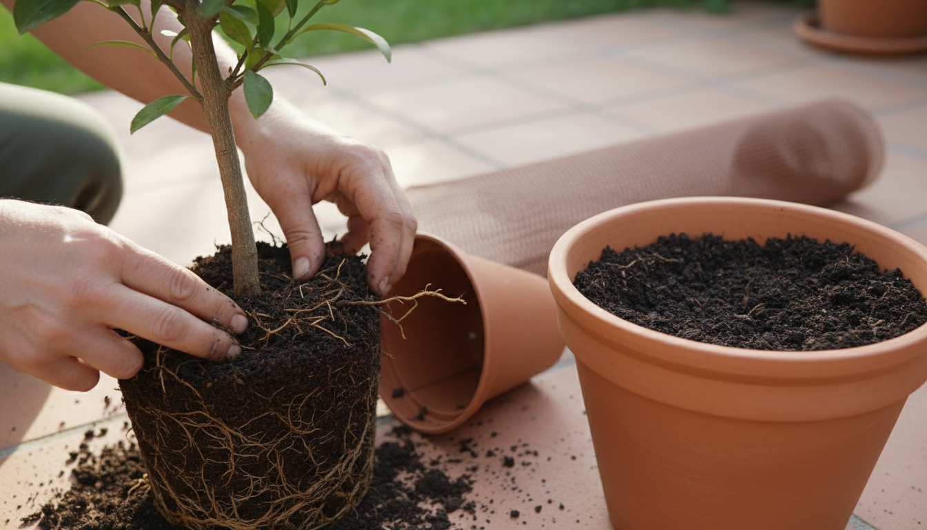 A woman gently touches ripe red apples on a dwarf tree in a patio pot, visually contrasted by the towering branches of a standard tree in the backgrou