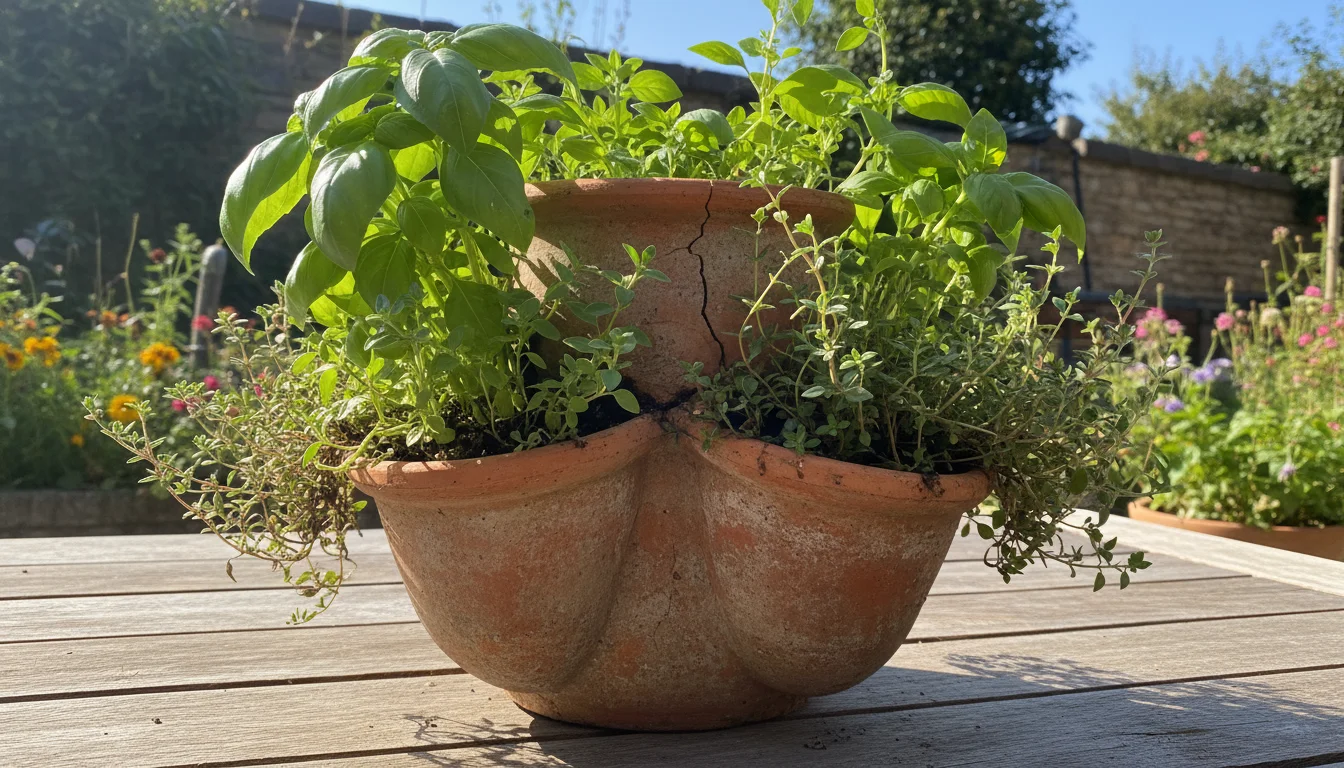 A sun-drenched terracotta pot on a wooden patio table, filled with thriving basil, oregano, and thyme, highlighting ideal growing conditions.