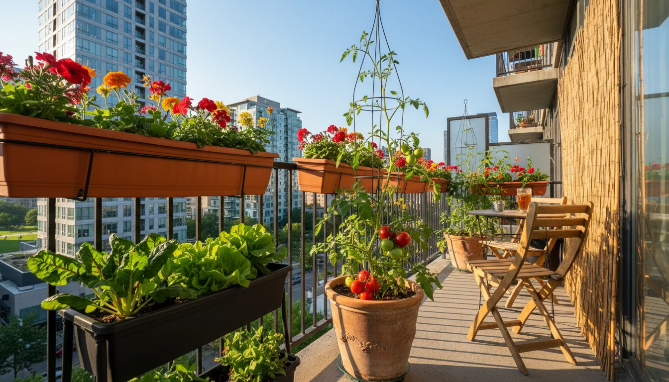Sun-drenched urban balcony with colorful annuals in railing planters, leafy greens on a tiered stand, and a tomato plant strategically placed for opti