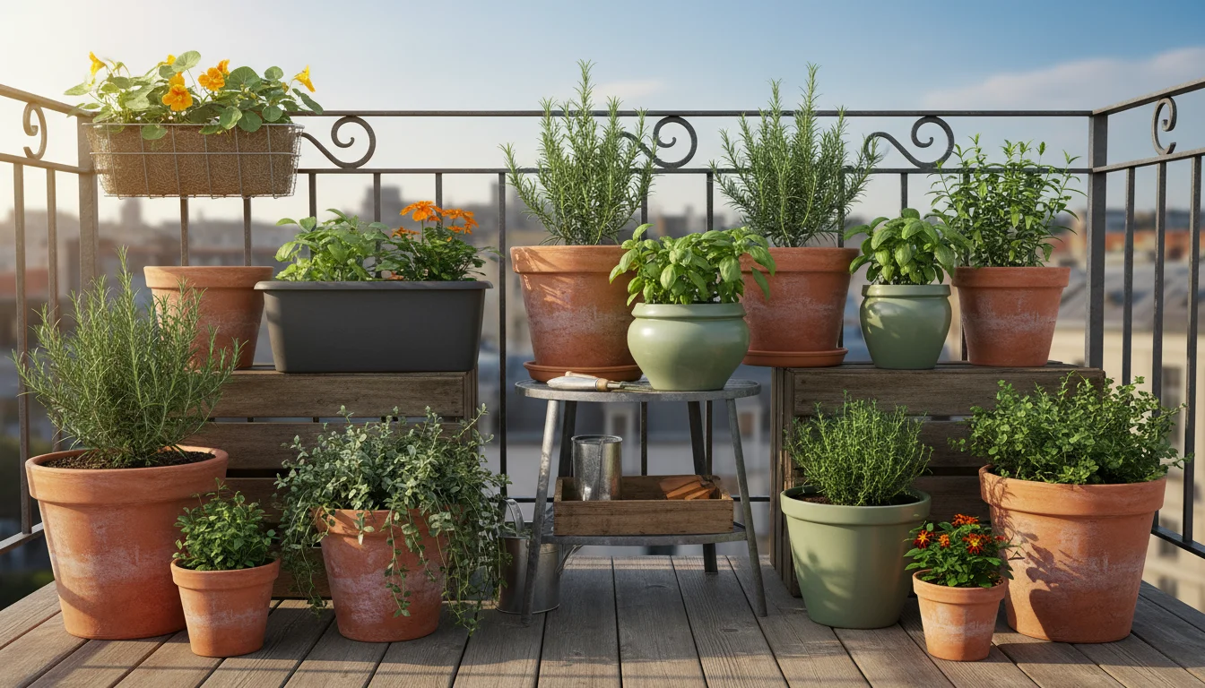 A sun-drenched urban balcony features a diverse arrangement of terracotta, ceramic, and rectangular pots with heat-loving herbs, creatively grouped fo