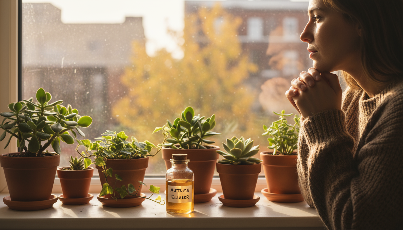 Person kneeling on a sun-drenched balcony, fertilizing a thriving potted Fiddle Leaf Fig with a watering can amidst lush container plants.