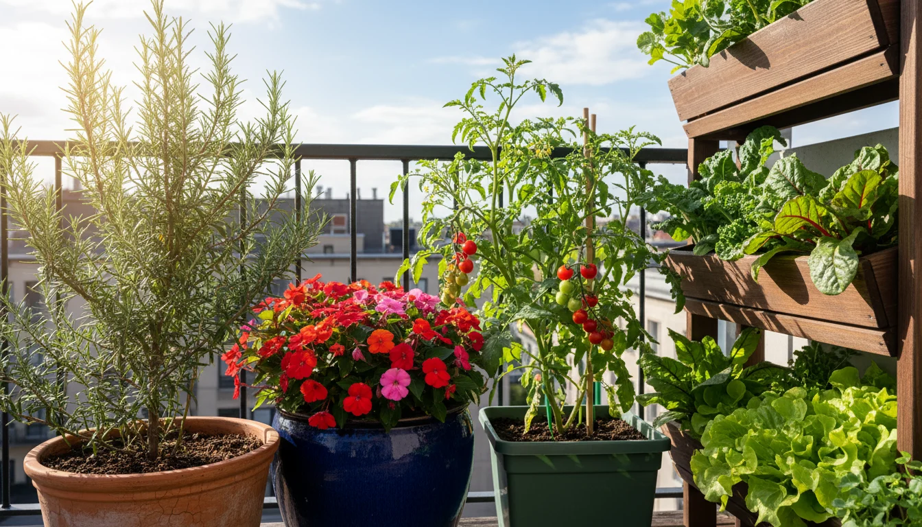 A sun-drenched urban balcony garden featuring rosemary in a small terracotta pot, impatiens in a large glazed pot, tomatoes in plastic, and greens in