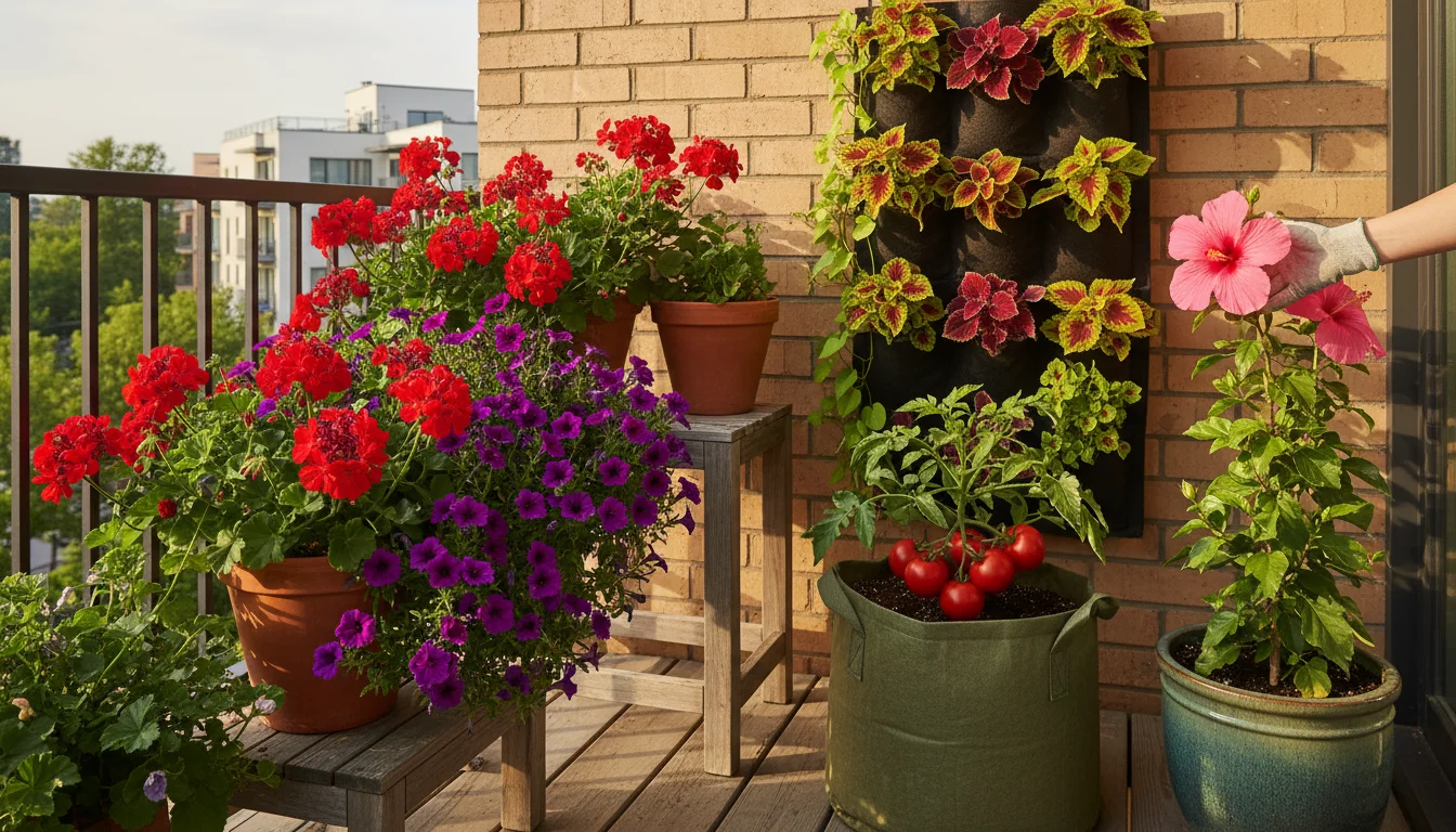 A sun-drenched urban balcony shows red geraniums, purple calibrachoa, a dwarf tomato, and colorful coleus in various pots. A hand tends a pink hibiscu