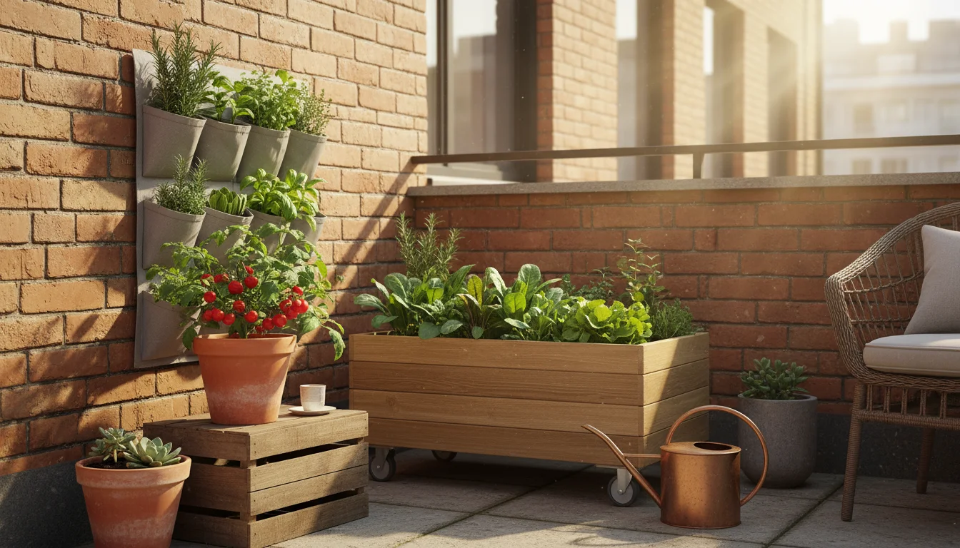 Sun-drenched urban patio corner with diverse container vegetables: tomatoes, greens, herbs. Golden light, watering can visible.