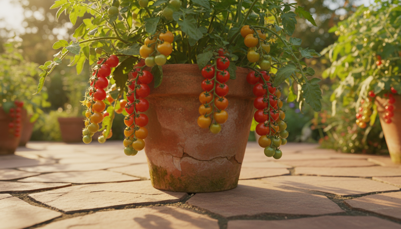 Vibrant pole beans on a bamboo teepee and a vining cucumber on a wire mesh trellis in patio pots. A hand guides a tendril.