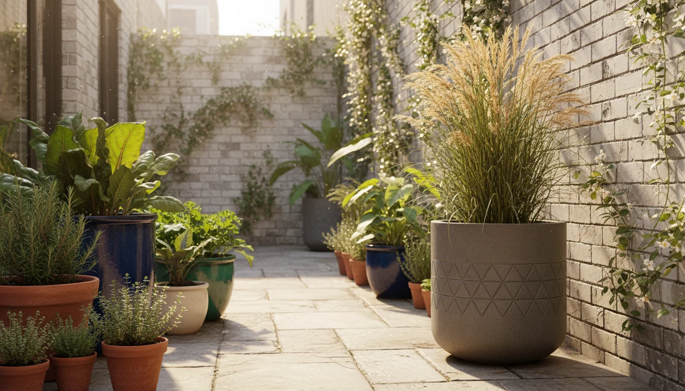 Sun-drenched urban patio path with diverse container plants creating visual flow towards a tall ornamental grass focal point. A hand waters a plant.