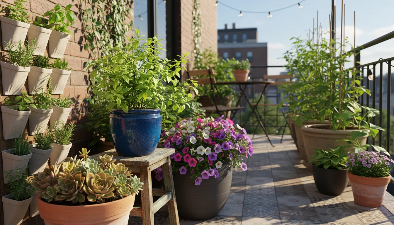 A sun-drenched urban patio showcasing a weathered terracotta pot with succulents, a dark resin planter with petunias, and a glossy blue glazed ceramic