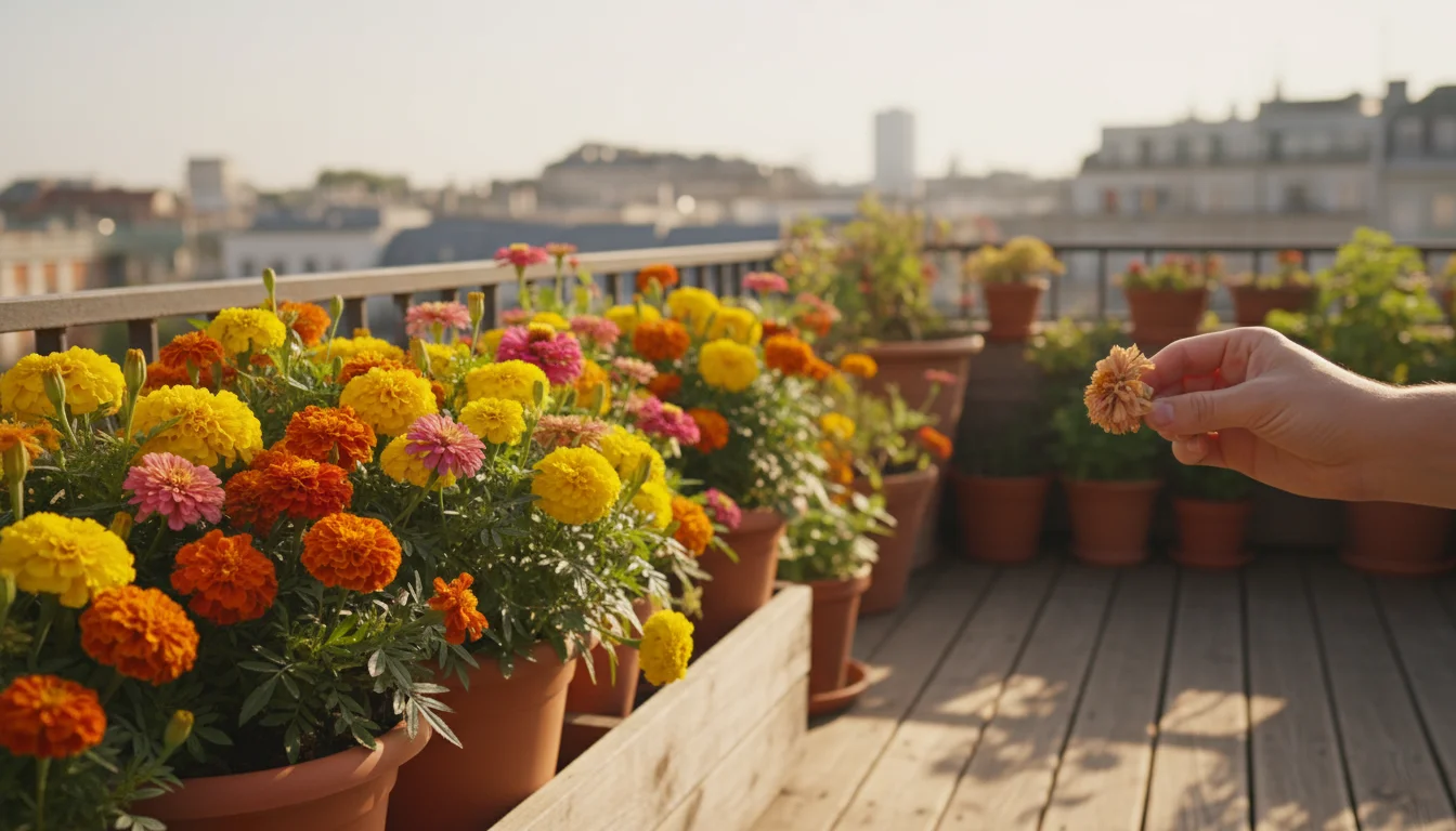 A sun-drenched urban patio with terracotta pots and a balcony box bursting with vibrant yellow and orange Marigolds and Zinnias. A hand gently pinches