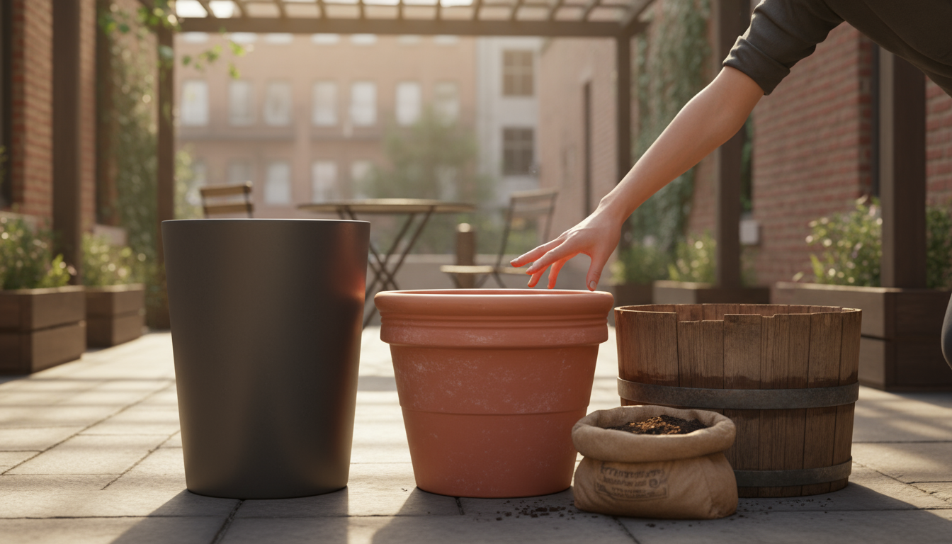 Three empty plant containers (grey, terracotta, wooden half-barrel) of varying sizes on a patio with a bag of potting mix and a hand selecting.