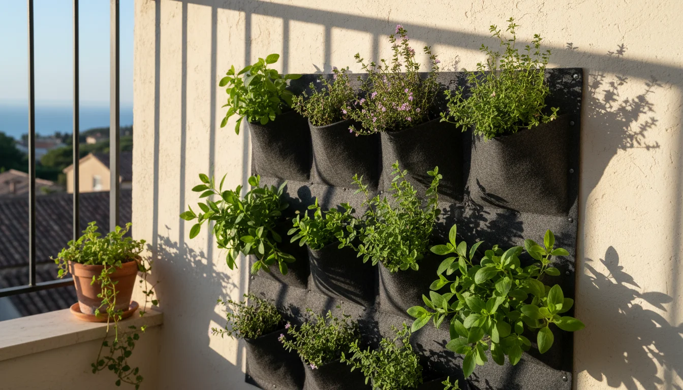 A sun-drenched vertical felt planter on a balcony wall, with sharp shadows illustrating direct sun on thriving herbs like thyme and oregano.