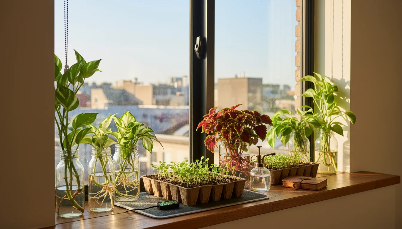 Sun-drenched windowsill filled with propagating plant cuttings in glass jars and seedlings in trays, alongside a heat mat with a visible timer.