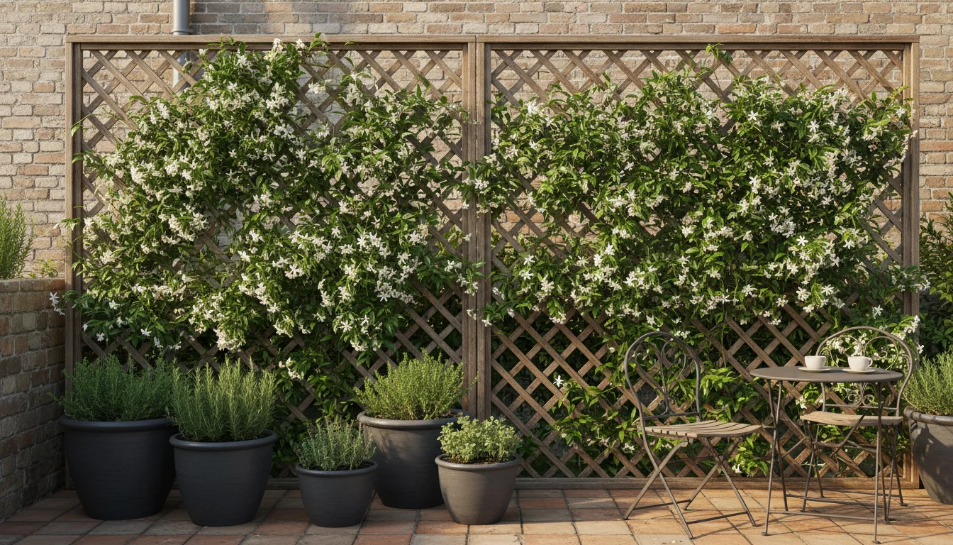Sun-drenched wooden trellis with star jasmine vines on a brick wall, creating a privacy screen. Ceramic pots with herbs sit at the base.