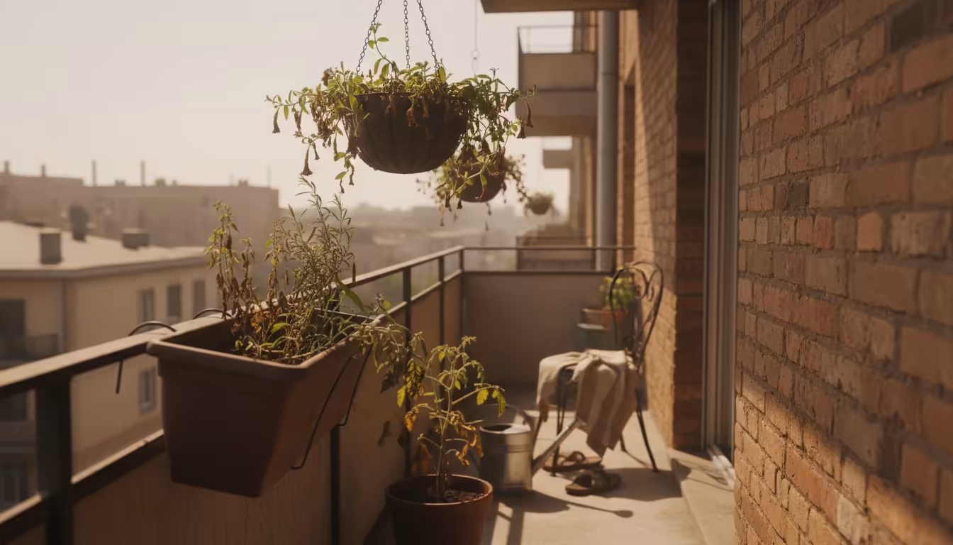 A sun-scorched urban balcony with multiple container plants showing severe heat stress: wilting petunias, drooping herbs, and a struggling tomato plan