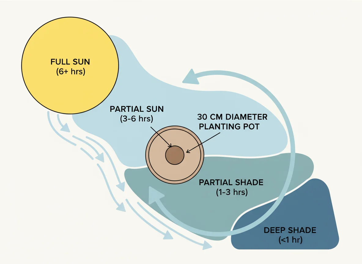Sun/shade map shows water flow to a 30cm pot. Key parts labeled with arrows indicating drainage and sunlight exposure.