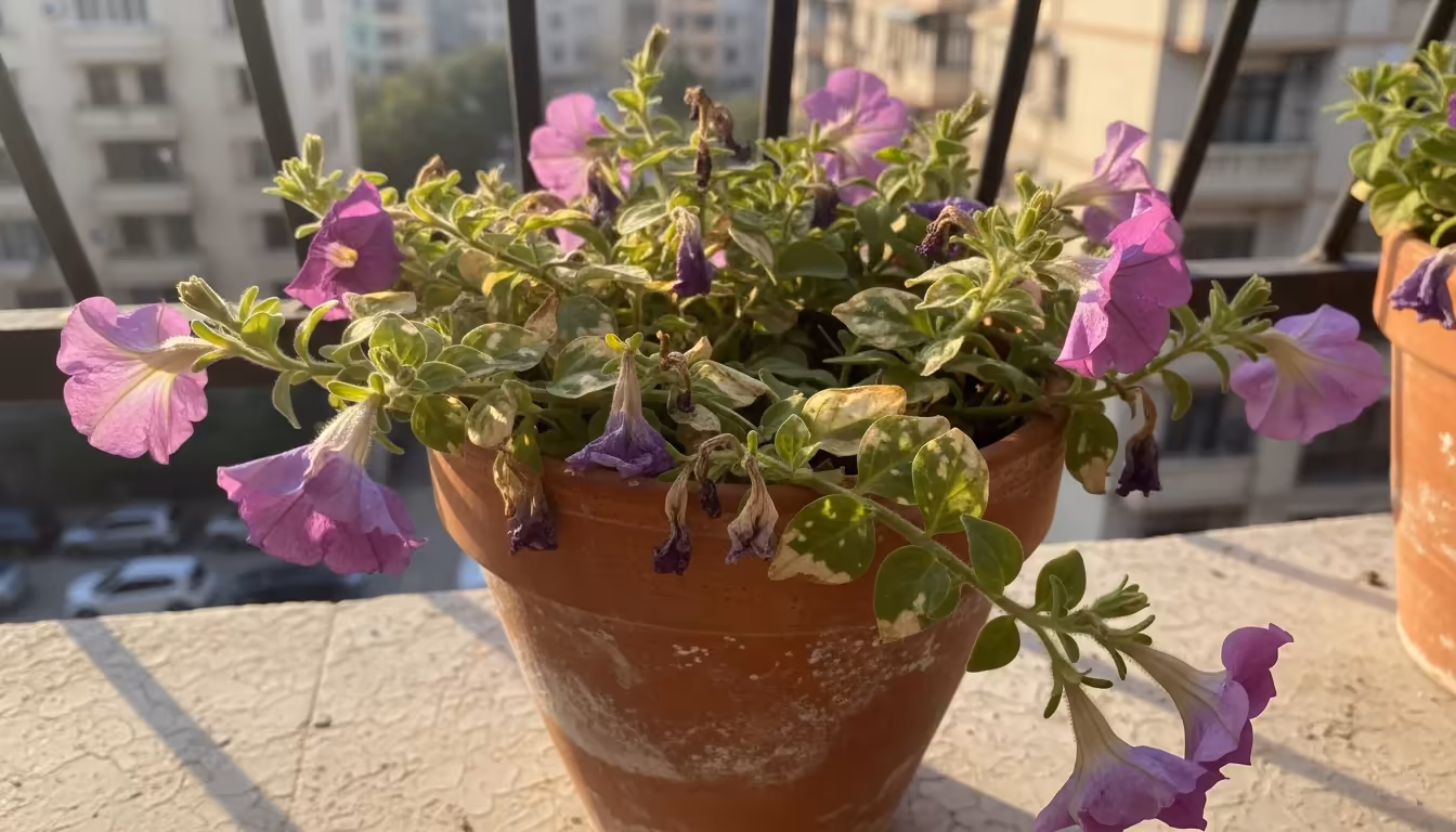 A close-up of a sun-stressed purple petunia plant in a terracotta pot on a balcony, showing wilted flowers and crispy, brown leaves.