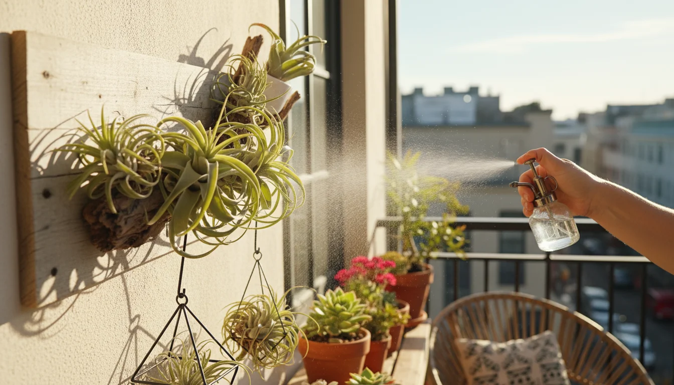 Sunlight illuminates a diverse display of Tillandsia air plants on a small balcony shelf, with a hand gently misting one of them.