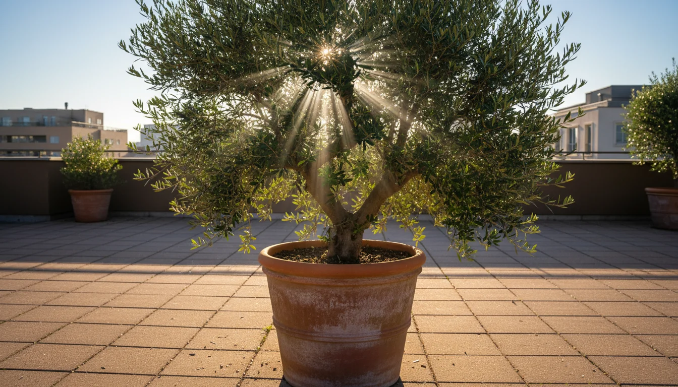 Sunlight pierces the thinned canopy of a dense dwarf olive tree in a terracotta pot on a patio, illuminating inner leaves. Freshly cut branches lay ne