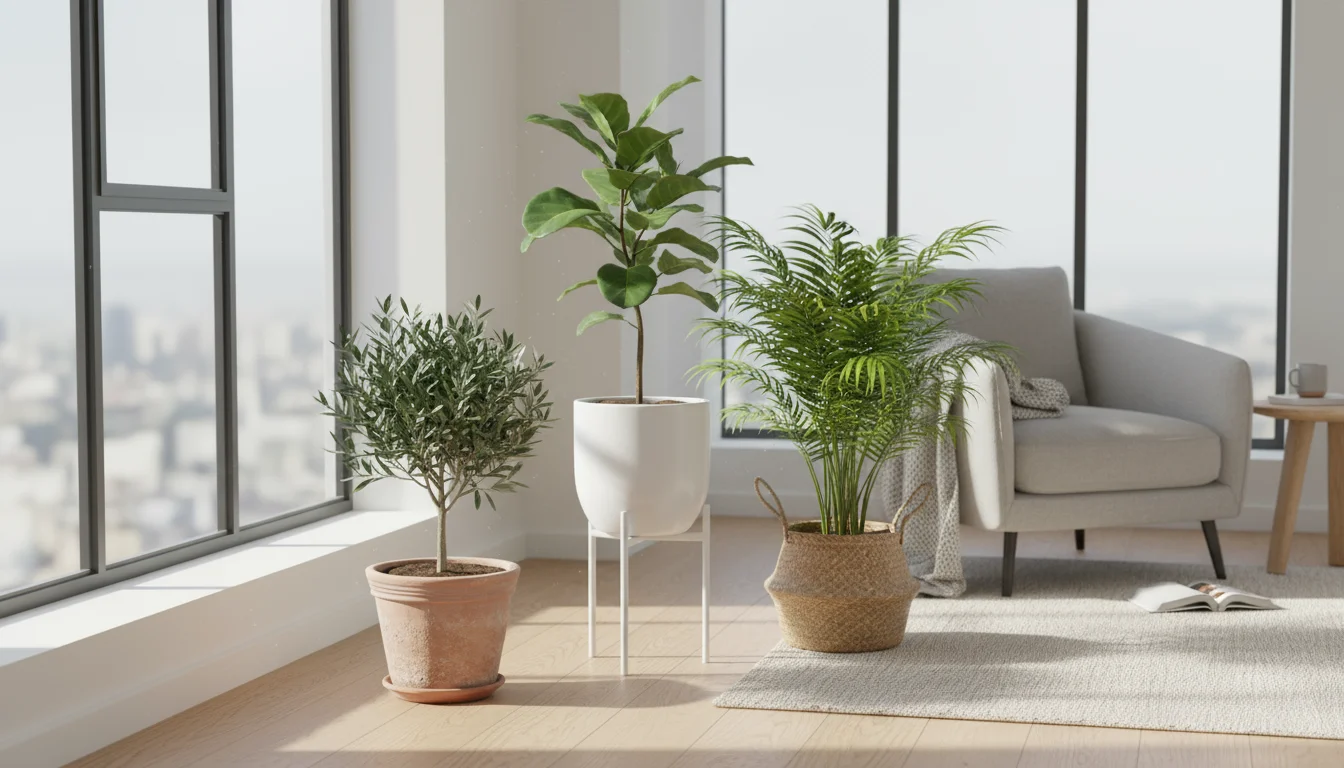 A sunlit apartment corner with diverse small indoor trees: Ficus lyrata 'Bambino' in white ceramic, dwarf olive in terracotta, and a parlor palm in a