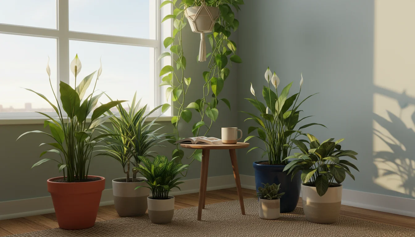 A sunlit apartment corner featuring a vibrant collection of healthy, pest-free houseplants in various containers, radiating calm.