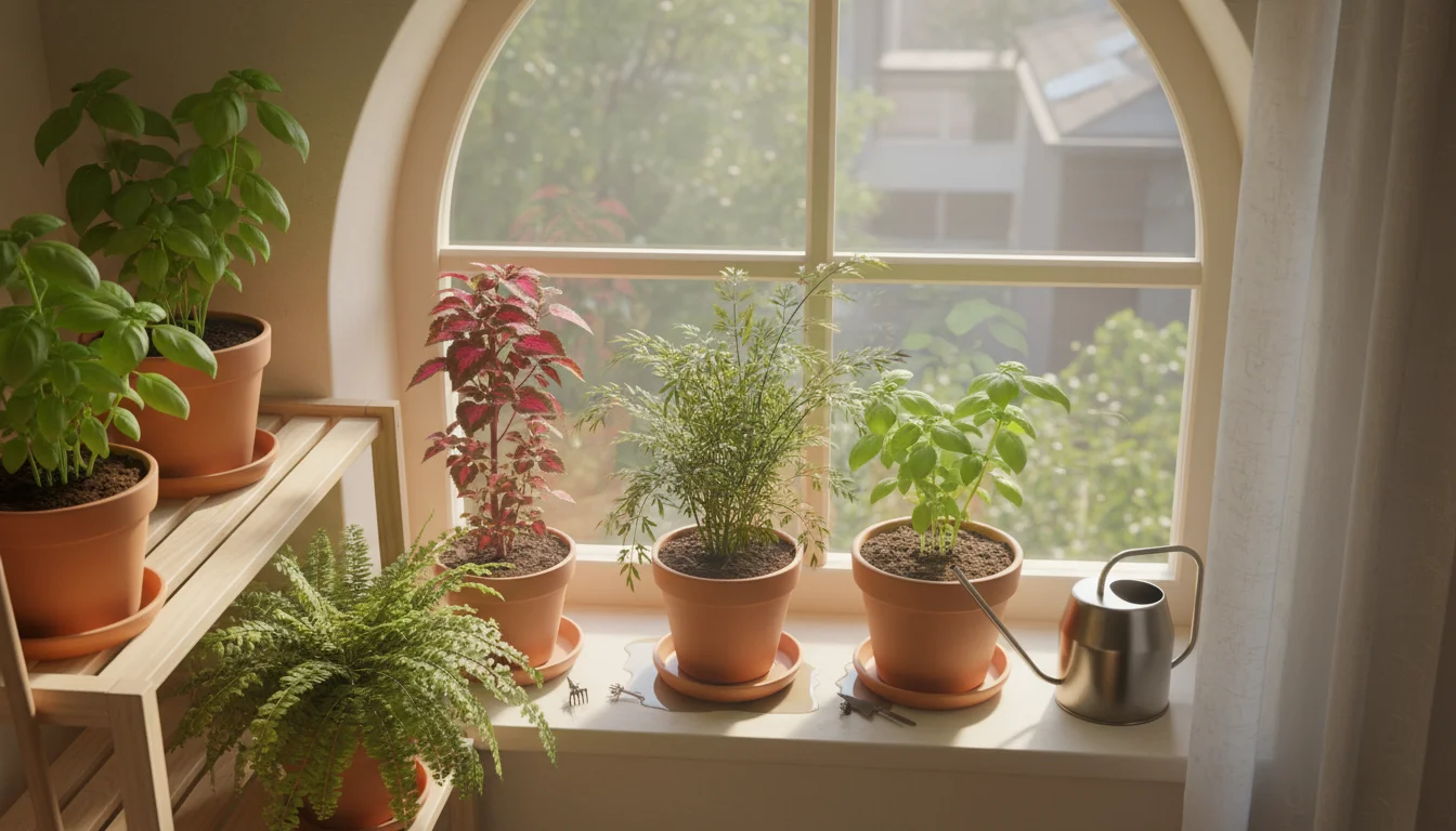Elevated view of a sunlit apartment window nook with several healthy potted plants on shelves, their soil dark and damp, and water in some saucers.