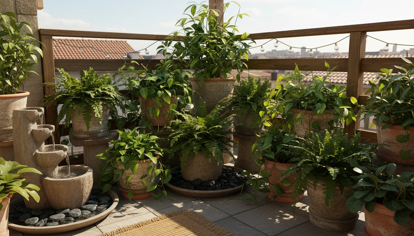 A sunlit balcony corner with various houseplants grouped together, visible pebble trays, and a small tabletop water fountain.