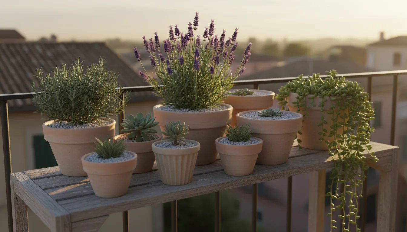 Sunlit balcony shelf with terracotta pots holding compact lavender, rosemary, and succulents, showing well-drained soil.