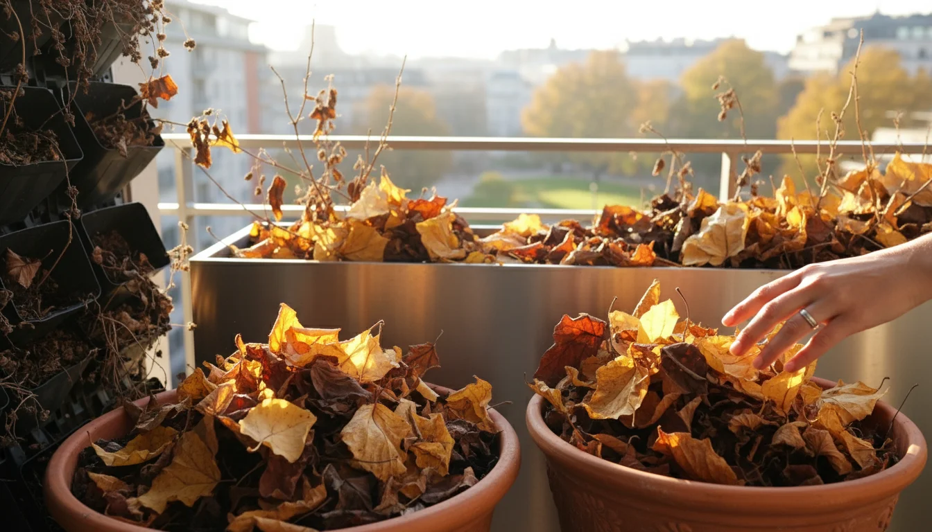 Eye-level view of a sunlit balcony with various pots containing fallen autumn leaves and dried plant stalks. A hand gently touches the leaves in a ter