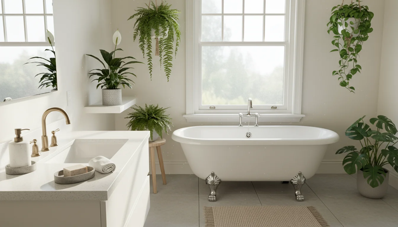Sunlit bathroom with various houseplants near a window, a decorative bowl of water on the vanity, and a steamy mirror.