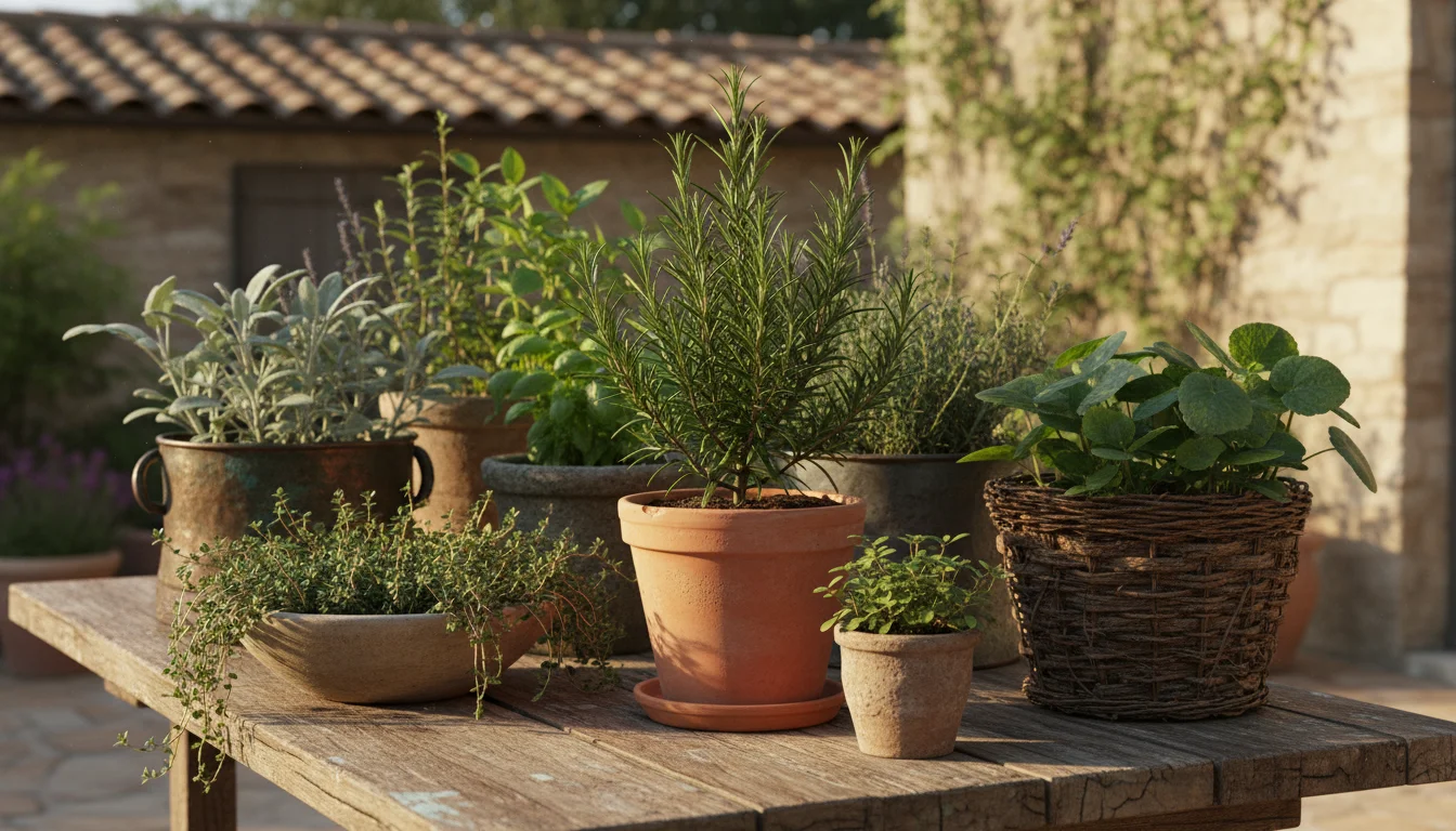A sunlit collection of potted Mediterranean herbs, including rosemary, thyme, oregano, and woolly sage, arranged on a weathered wooden patio table.