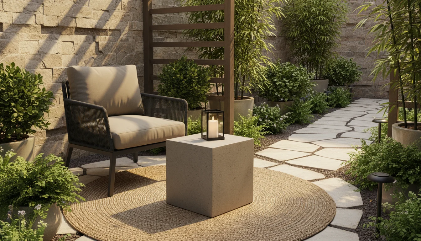 Sunlit compact patio with a grey armchair, a concrete garden stool, and a clear pathway leading to a vibrant vertical planter, showcasing smart cleara