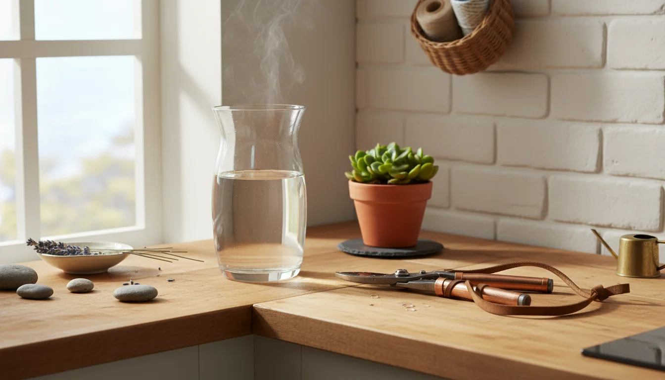 A sunlit display of essentials: a clear glass vase with warm water, sharp pruning shears, and a clean galvanized bucket, all on a neat counter.