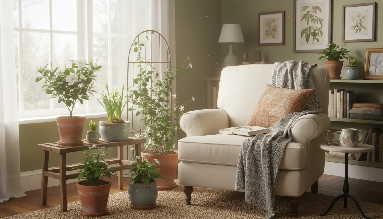 A sunlit indoor corner featuring various fragrant houseplants in decorative pots, arranged on a wooden table and shelf, with a teacup and reading glas