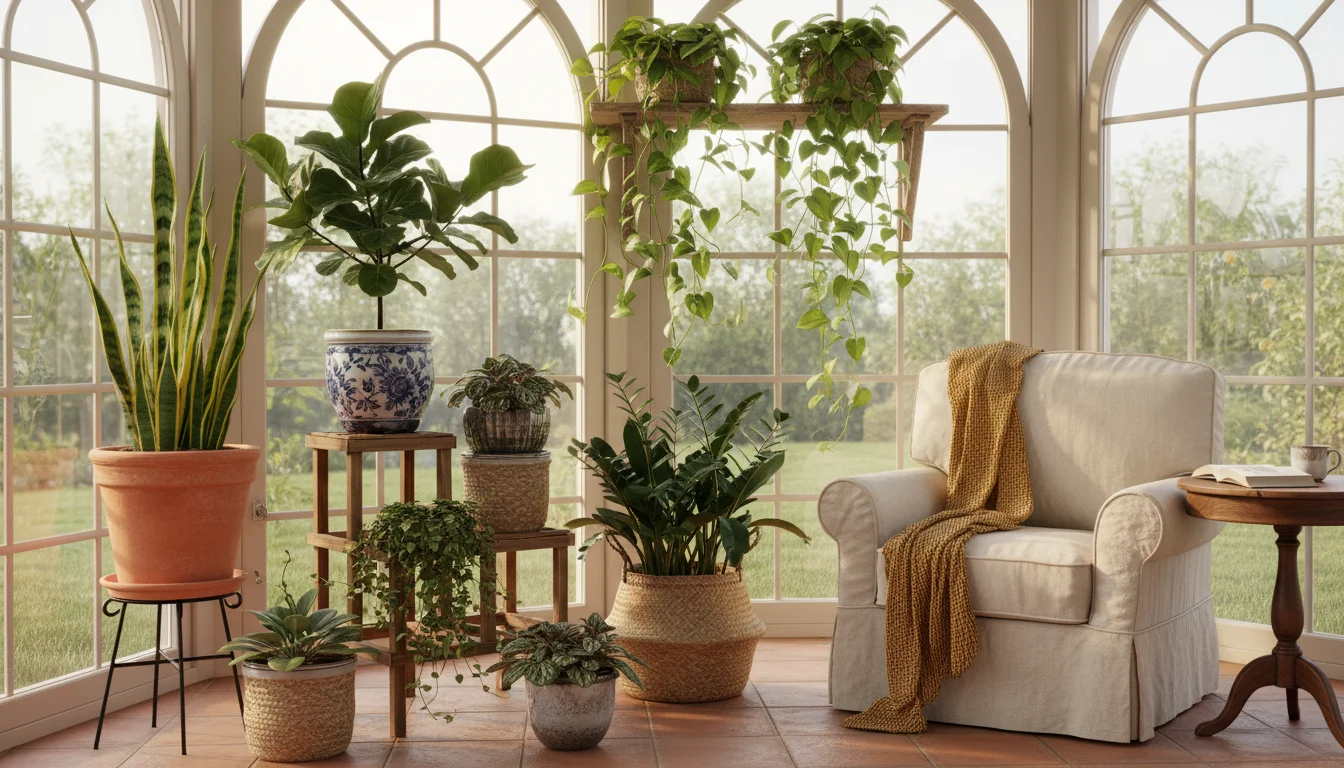 A sunlit indoor garden corner with thriving houseplants in decorative pots, including a trailing Pothos, Fiddle Leaf Fig, and snake plant. An open jou