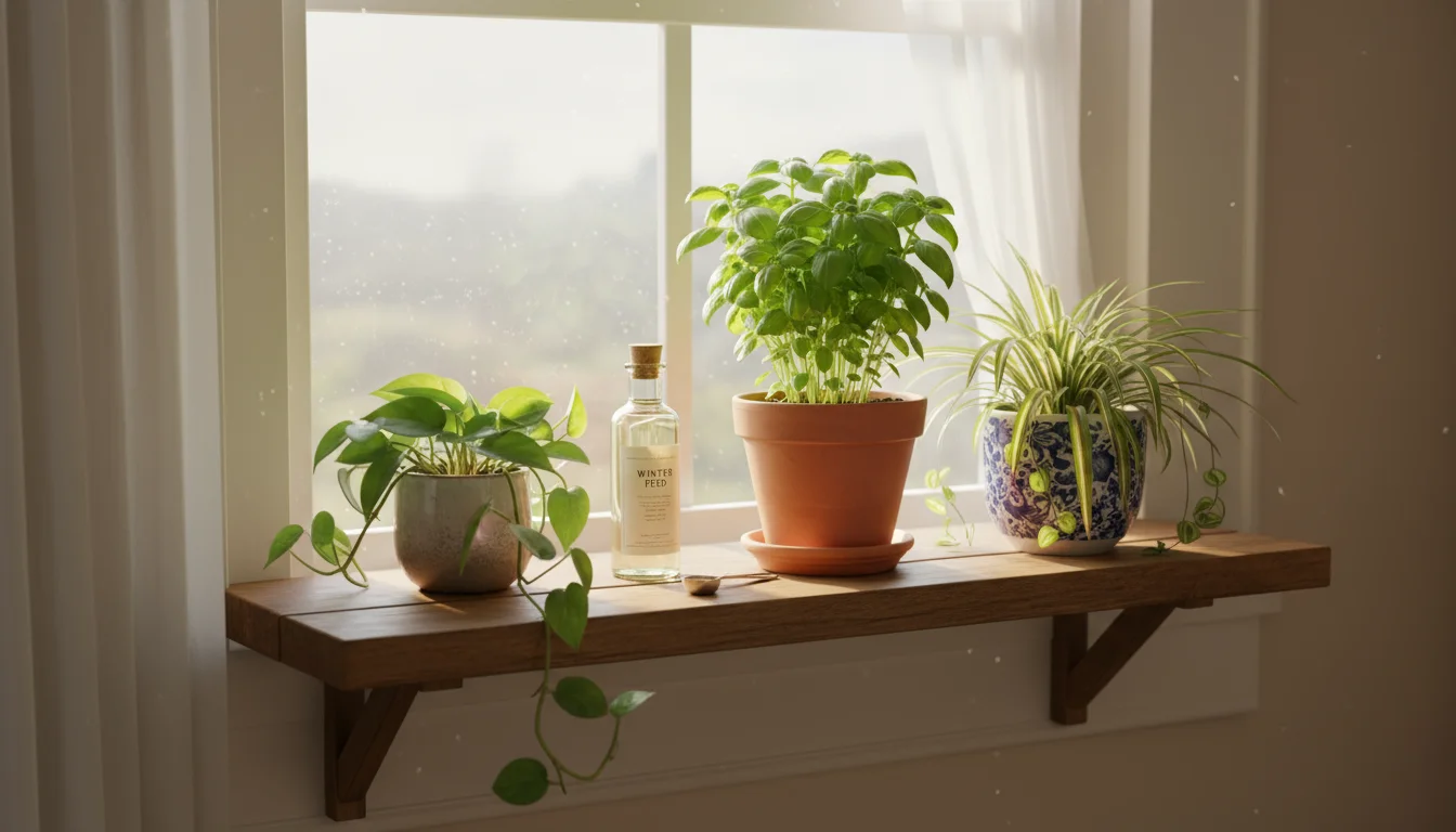 A sunlit indoor garden nook featuring various healthy container plants on a wooden shelf, with a small liquid fertilizer bottle nestled among them.