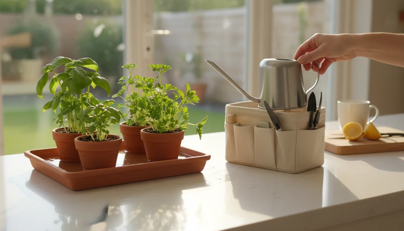 Sunlit kitchen counter with small potted herbs bottom watering in a terracotta tray. A hand places a clean watering can into a canvas tool caddy.