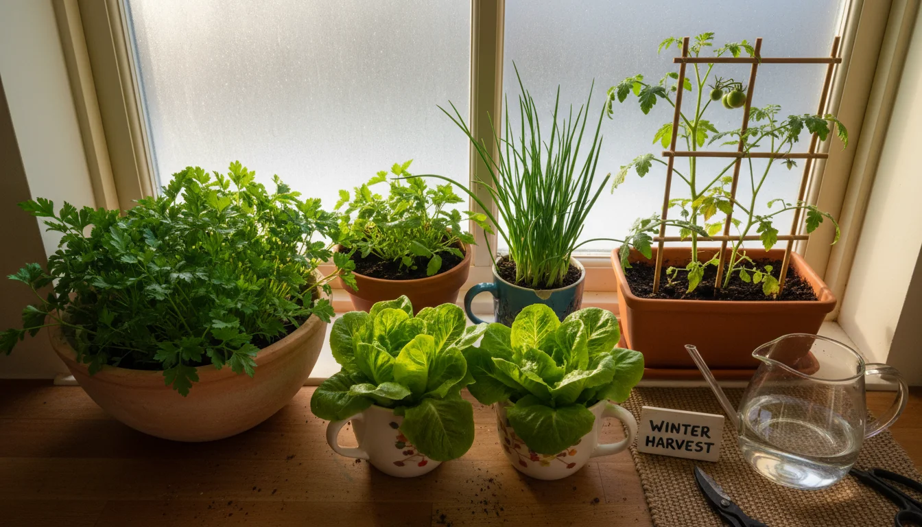 Sunlit kitchen windowsill filled with a diverse indoor edible garden including lettuce, parsley, chives, and a small tomato plant in various pots.