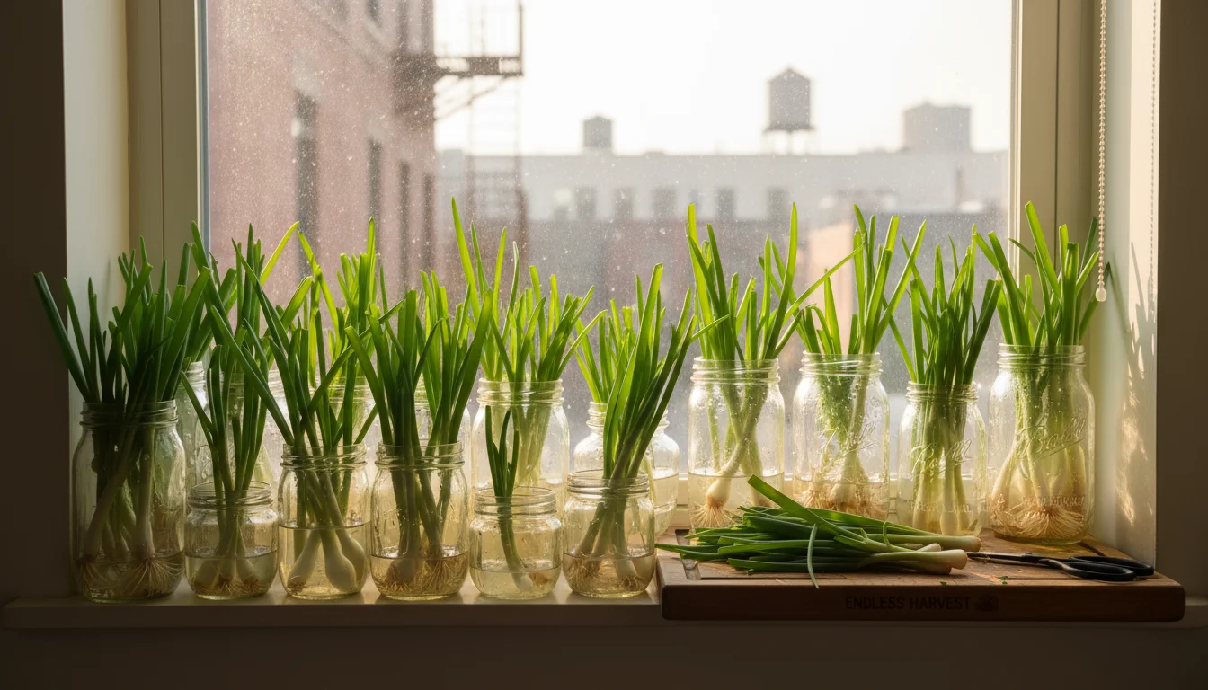 A sunlit kitchen windowsill filled with multiple clear jars of green onions regrowing, showing lush, vibrant stalks.