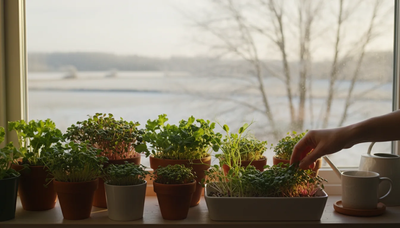 A sunlit kitchen windowsill filled with small pots of vibrant green microgreens. A hand gently touches the plants.