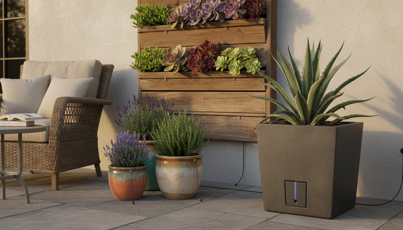 Sunlit patio corner showing a self-watering container with an agave, a vertical planter with visible drip lines, and pots with lavender, highlighting