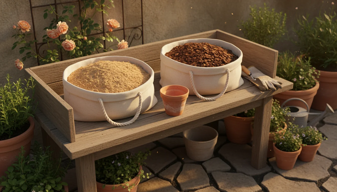 Sunlit patio potting bench with open bags of coco coir and bark fines, alongside a terra cotta pot and gardening gloves.