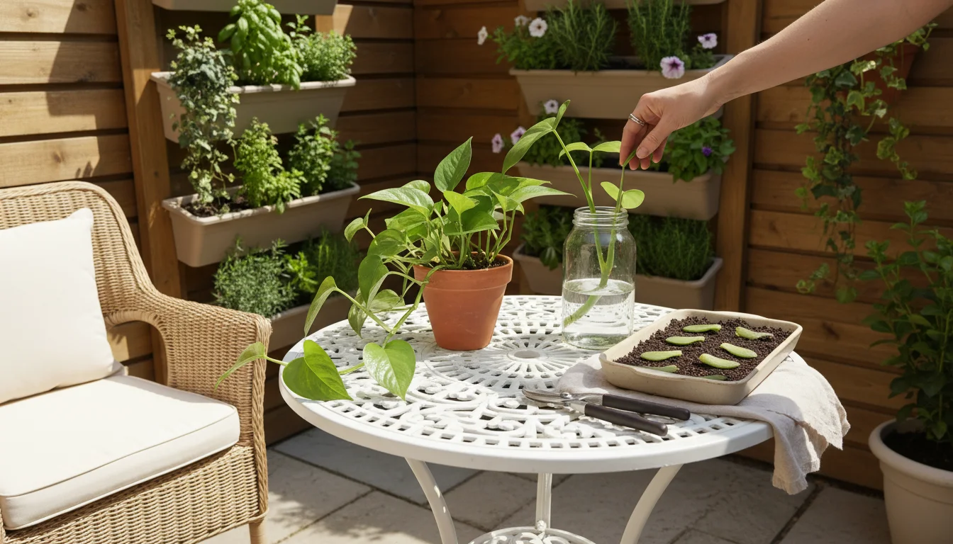 A sunlit patio table showcasing plant propagation: Pothos plant, Philodendron stem cutting in water, succulent leaves on soil, and snips.