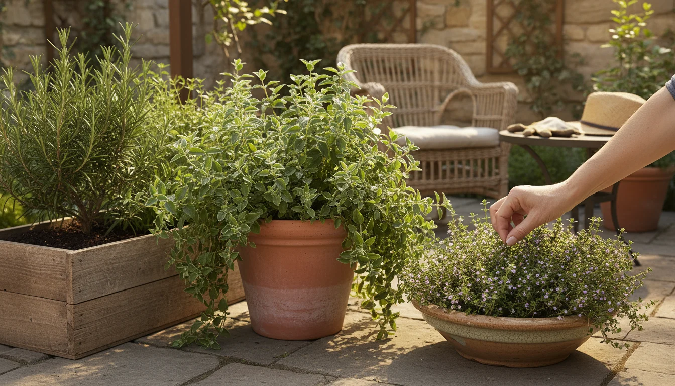 A sunlit small patio container garden featuring vibrant Greek oregano, rosemary, and thyme thriving in various pots. A hand gently plucks a thyme spri