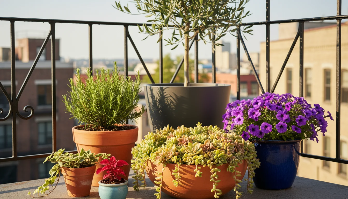 A sunlit urban balcony corner showcasing various container sizes and shapes, including a tall olive tree in a large pot, wide sedum bowl, medium glaze