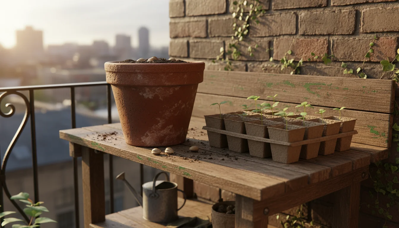 Close-up on a sunlit urban balcony potting surface showing okra seeds in a deep terracotta pot and young okra seedlings in biodegradable peat pots.