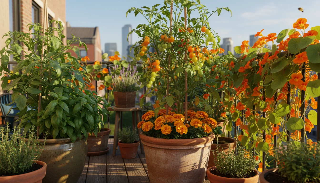 A sunlit urban balcony shows companion planting: marigolds at the base of a tomato plant, and basil next to another tomato, all in containers.