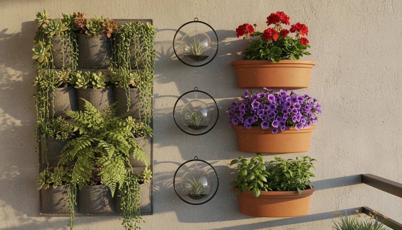 Sunlit urban balcony wall with diverse vertical planters: felt pockets with succulents, wood shelf with herbs, and metal sconces with air plants.