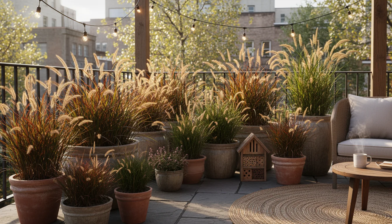 Sunlit urban patio corner with containers of native fall ornamental grasses. A bee hotel is nestled among pots, and a bee visits a flower.