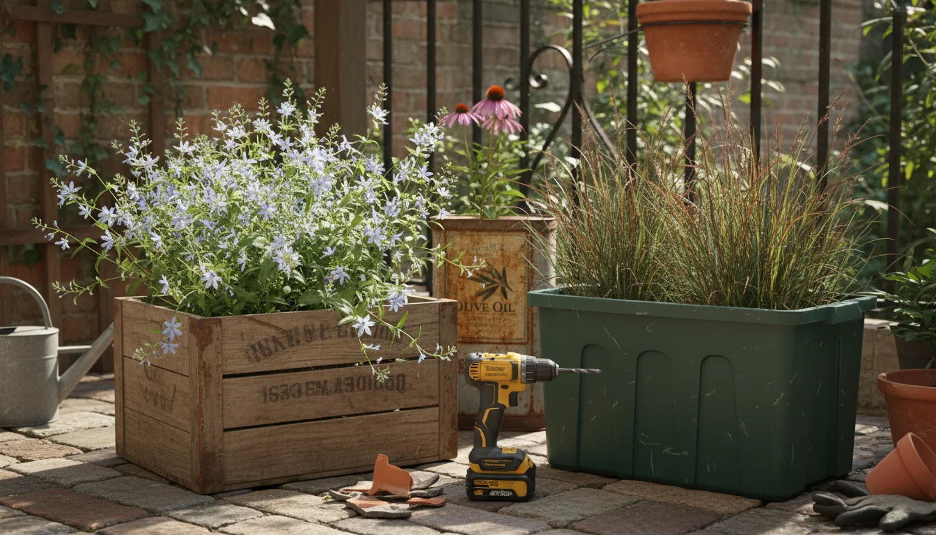 A sunlit urban patio corner featuring diverse upcycled planters, including a wooden crate, plastic tote, and metal olive oil tin, all holding thriving